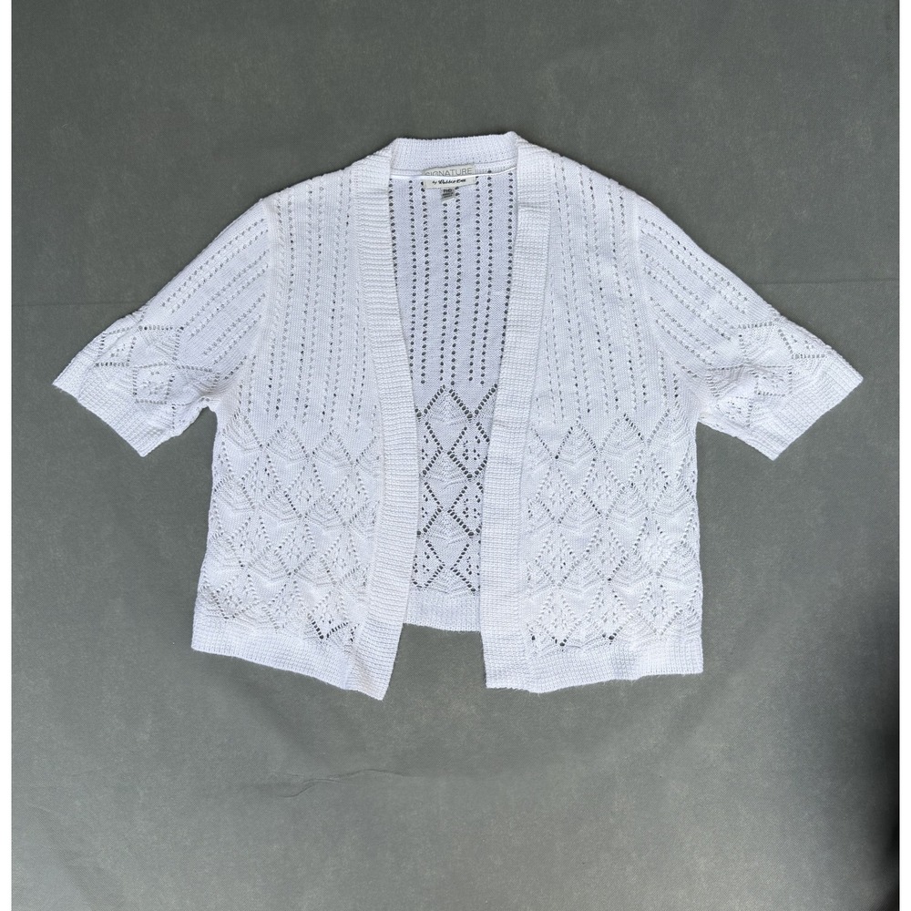 Signature by Robbie Bee White Pointelle Knit Short Sleeve Open Cardigan PMD